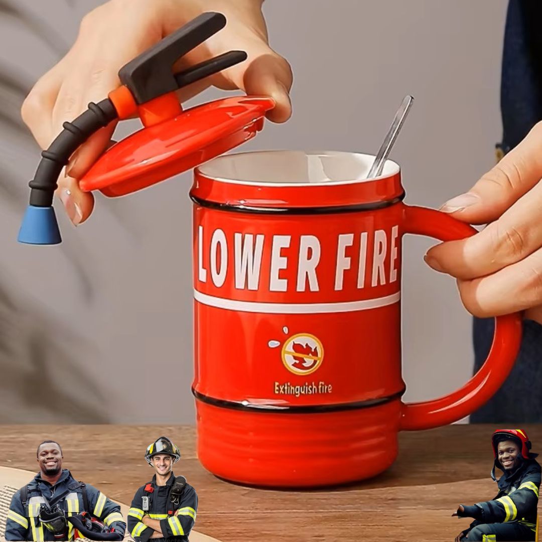 16oz Fire Extinguisher Coffee Mug – Fun Ceramic Mug with Lid & Spoon | Quirky Drinkware Gift (480ml
