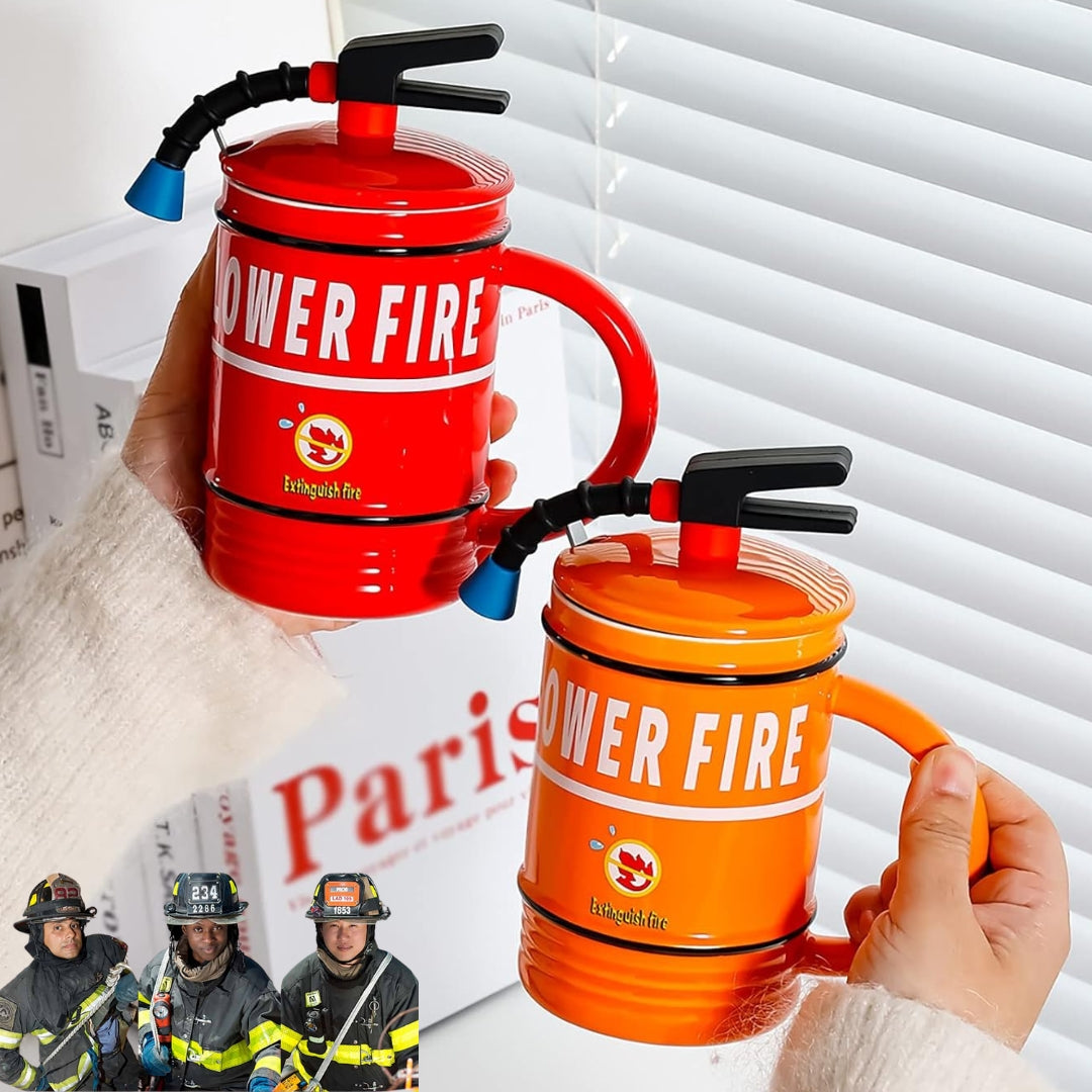 16oz Fire Extinguisher Coffee Mug – Fun Ceramic Mug with Lid & Spoon | Quirky Drinkware Gift (480ml