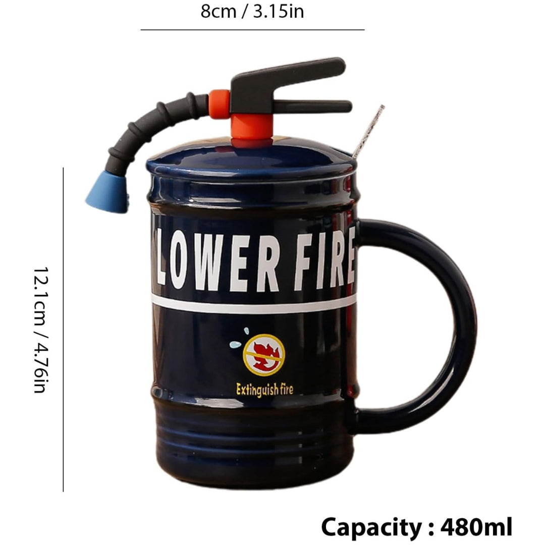 16oz Fire Extinguisher Coffee Mug – Fun Ceramic Mug with Lid & Spoon | Quirky Drinkware Gift (480ml